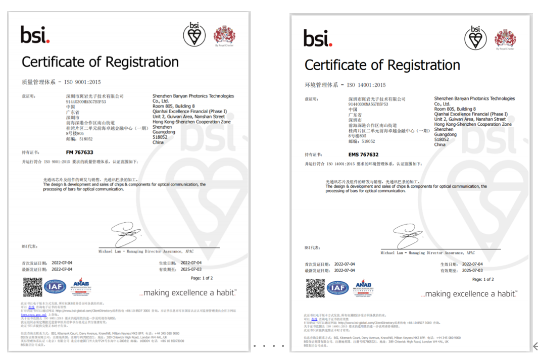 祝賀斑巖光子通過ISO9001與ISO14001管理體系認證審核