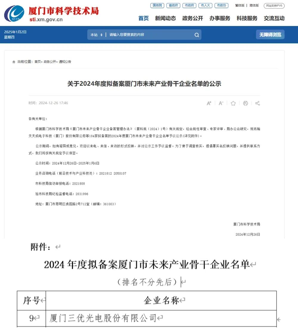 喜訊丨三優(yōu)光電入選2024廈門市未來產業(yè)骨干企業(yè)