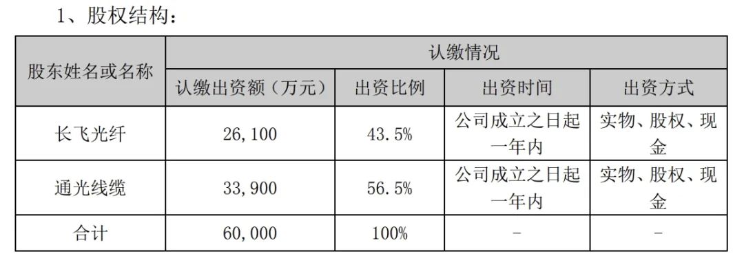 通光線纜：擬與長飛光纖共同出資6億元成立合資公司